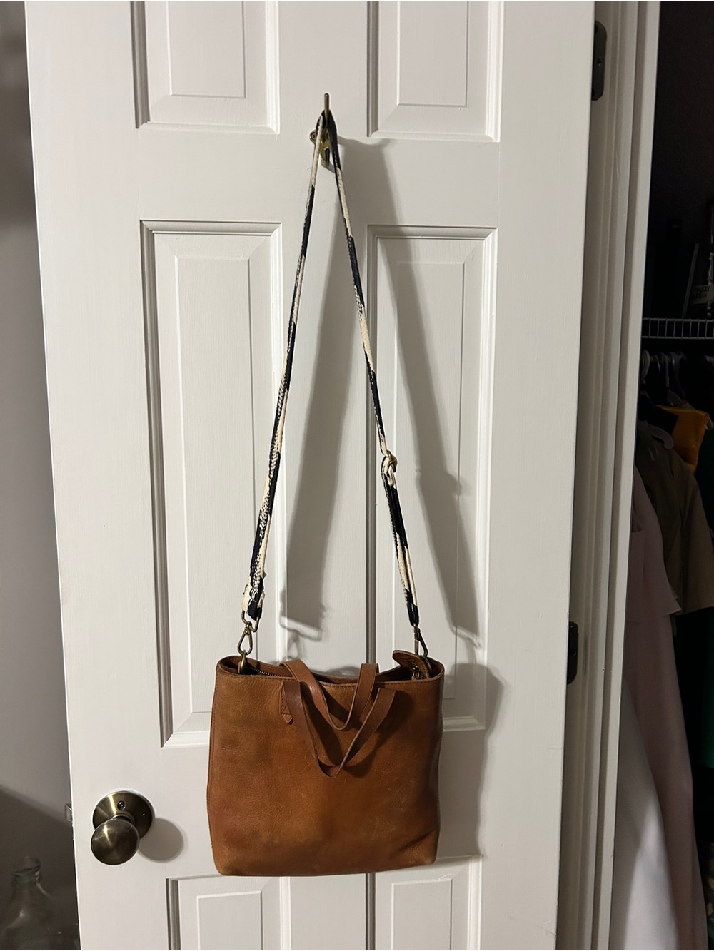 Madewell Tan Leather Shoulder Bag with Striped Strap